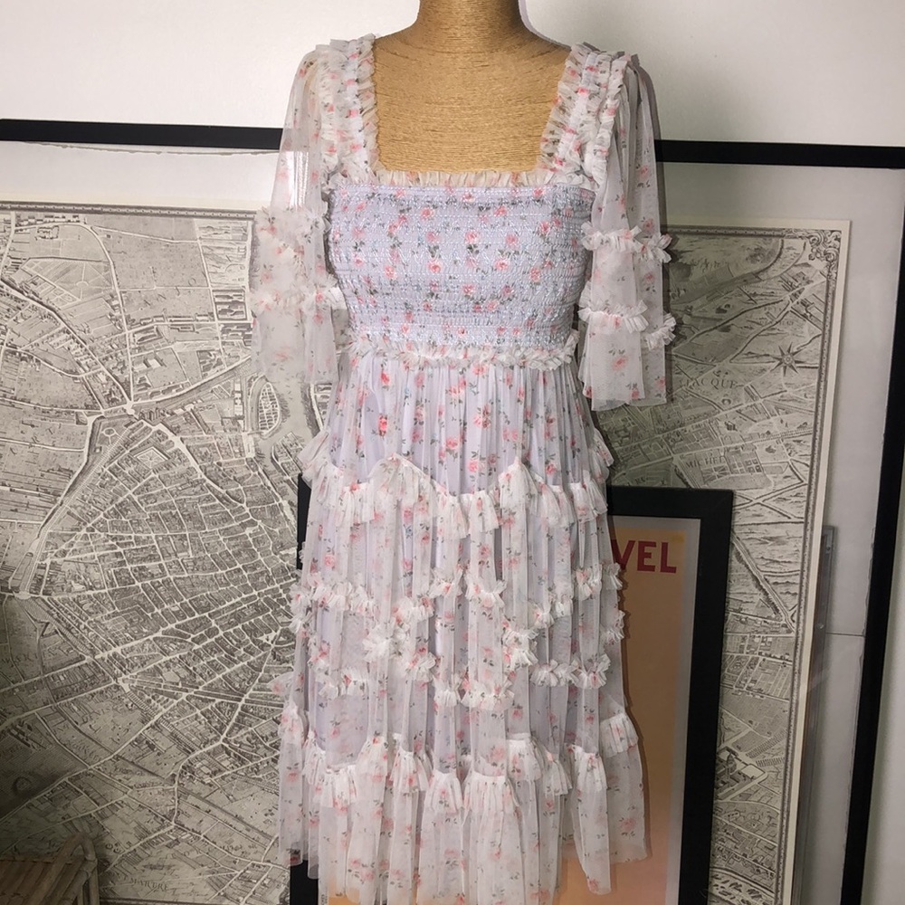 Needle & Thread Floral Ruffle lavander Dress Size 0